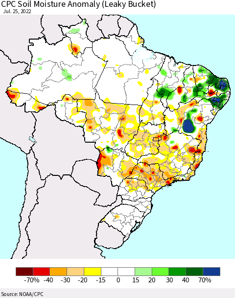 Brazil CPC Soil Moisture Anomaly (Leaky Bucket) Thematic Map For 7/21/2022 - 7/25/2022