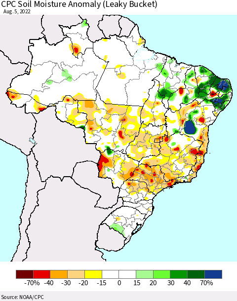 Brazil CPC Soil Moisture Anomaly (Leaky Bucket) Thematic Map For 8/1/2022 - 8/5/2022