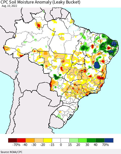 Brazil CPC Soil Moisture Anomaly (Leaky Bucket) Thematic Map For 8/6/2022 - 8/10/2022
