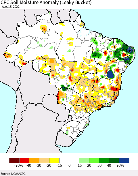Brazil CPC Soil Moisture Anomaly (Leaky Bucket) Thematic Map For 8/11/2022 - 8/15/2022