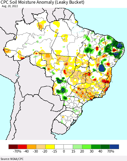 Brazil CPC Soil Moisture Anomaly (Leaky Bucket) Thematic Map For 8/16/2022 - 8/20/2022