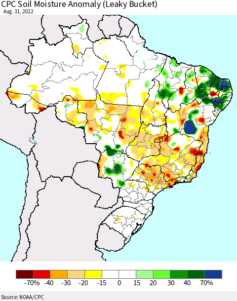 Brazil CPC Soil Moisture Anomaly (Leaky Bucket) Thematic Map For 8/26/2022 - 8/31/2022