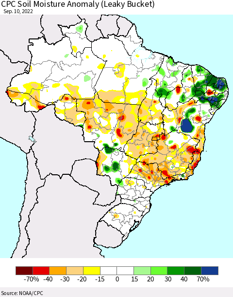 Brazil CPC Soil Moisture Anomaly (Leaky Bucket) Thematic Map For 9/6/2022 - 9/10/2022