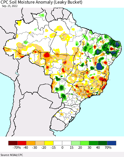 Brazil CPC Soil Moisture Anomaly (Leaky Bucket) Thematic Map For 9/21/2022 - 9/25/2022
