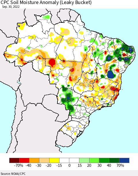 Brazil CPC Soil Moisture Anomaly (Leaky Bucket) Thematic Map For 9/26/2022 - 9/30/2022