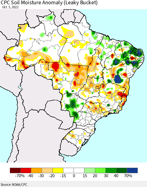 Brazil CPC Soil Moisture Anomaly (Leaky Bucket) Thematic Map For 10/1/2022 - 10/5/2022
