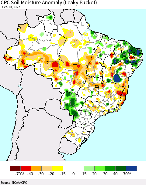 Brazil CPC Soil Moisture Anomaly (Leaky Bucket) Thematic Map For 10/6/2022 - 10/10/2022