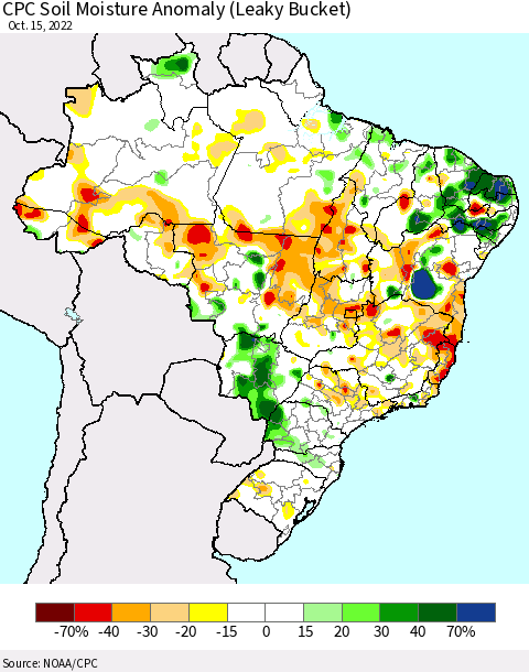 Brazil CPC Soil Moisture Anomaly (Leaky Bucket) Thematic Map For 10/11/2022 - 10/15/2022