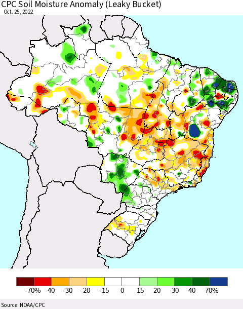 Brazil CPC Soil Moisture Anomaly (Leaky Bucket) Thematic Map For 10/21/2022 - 10/25/2022