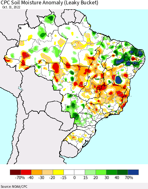 Brazil CPC Soil Moisture Anomaly (Leaky Bucket) Thematic Map For 10/26/2022 - 10/31/2022