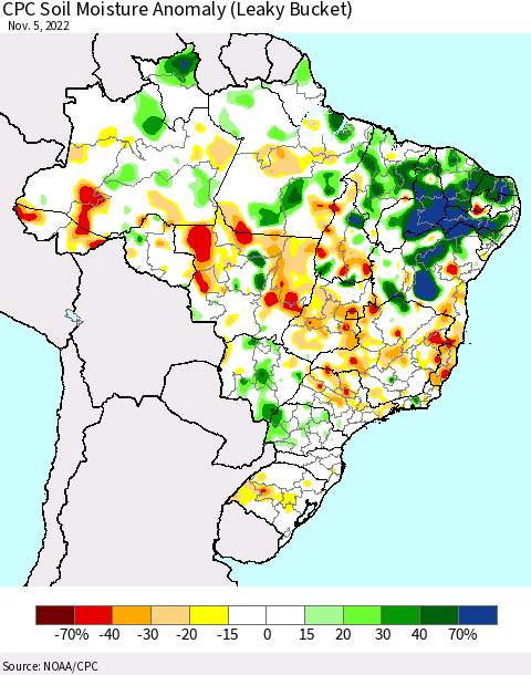 Brazil CPC Soil Moisture Anomaly (Leaky Bucket) Thematic Map For 11/1/2022 - 11/5/2022