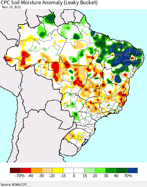 Brazil CPC Soil Moisture Anomaly (Leaky Bucket) Thematic Map For 11/6/2022 - 11/10/2022