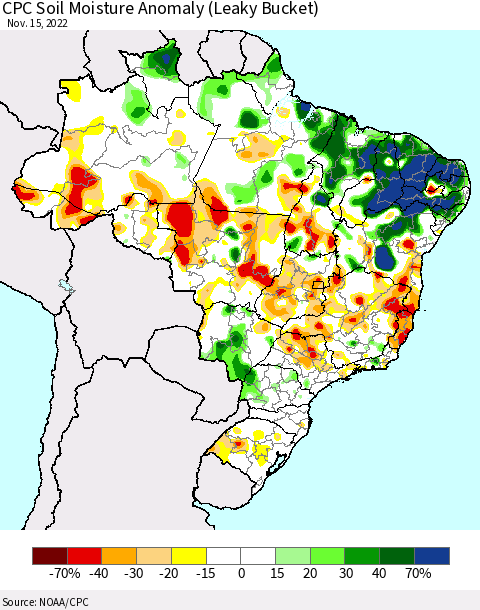 Brazil CPC Soil Moisture Anomaly (Leaky Bucket) Thematic Map For 11/11/2022 - 11/15/2022