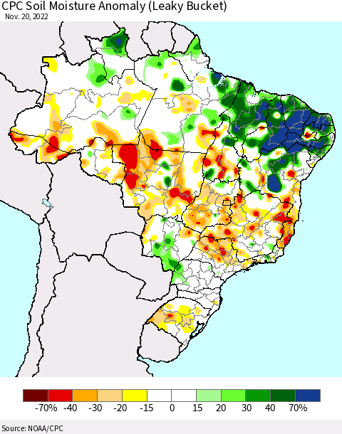Brazil CPC Soil Moisture Anomaly (Leaky Bucket) Thematic Map For 11/16/2022 - 11/20/2022