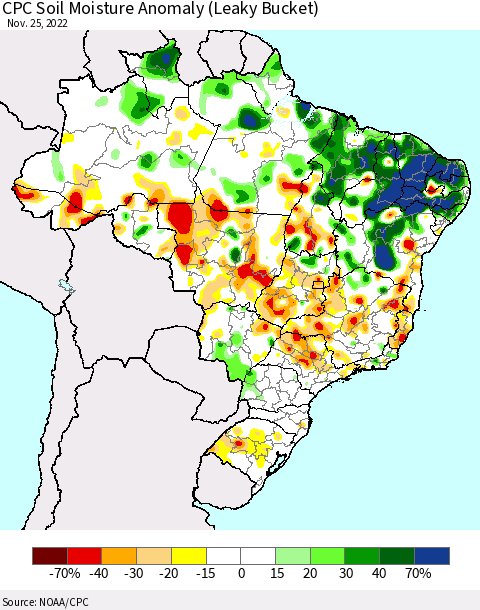 Brazil CPC Soil Moisture Anomaly (Leaky Bucket) Thematic Map For 11/21/2022 - 11/25/2022