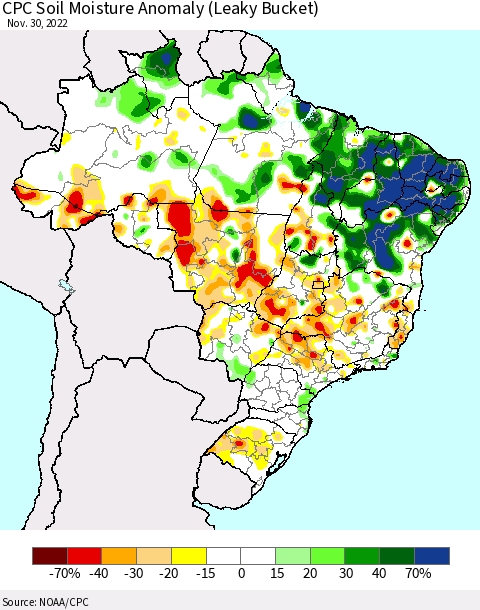 Brazil CPC Soil Moisture Anomaly (Leaky Bucket) Thematic Map For 11/26/2022 - 11/30/2022