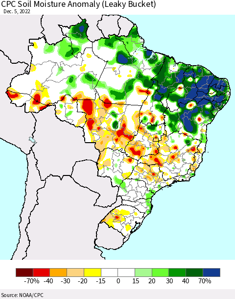 Brazil CPC Soil Moisture Anomaly (Leaky Bucket) Thematic Map For 12/1/2022 - 12/5/2022