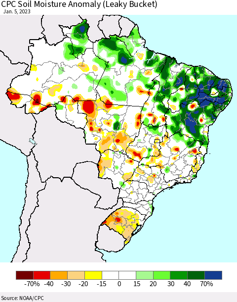 Brazil CPC Soil Moisture Anomaly (Leaky Bucket) Thematic Map For 1/1/2023 - 1/5/2023