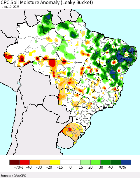 Brazil CPC Soil Moisture Anomaly (Leaky Bucket) Thematic Map For 1/6/2023 - 1/10/2023