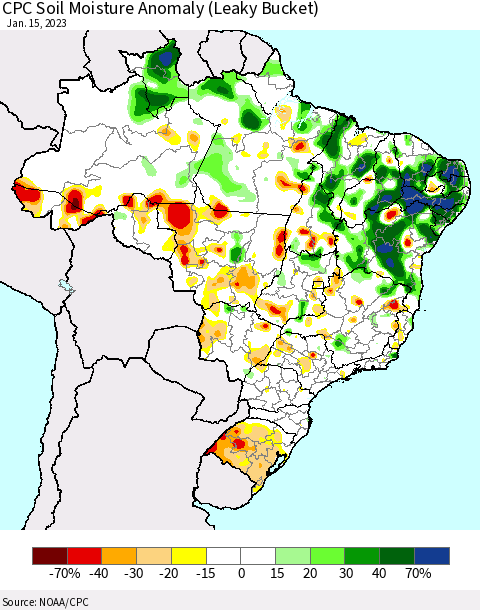 Brazil CPC Soil Moisture Anomaly (Leaky Bucket) Thematic Map For 1/11/2023 - 1/15/2023