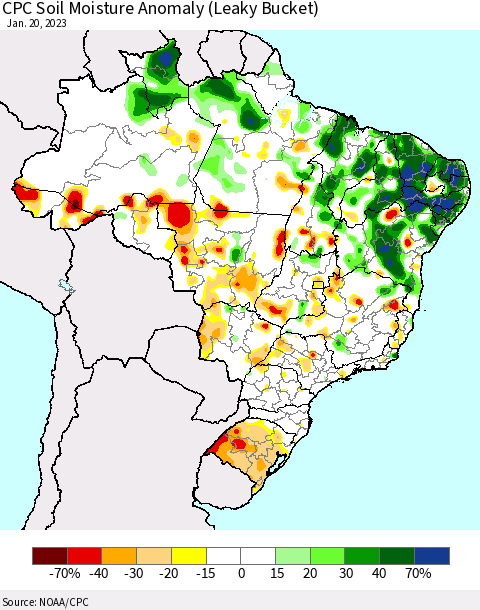 Brazil CPC Soil Moisture Anomaly (Leaky Bucket) Thematic Map For 1/16/2023 - 1/20/2023