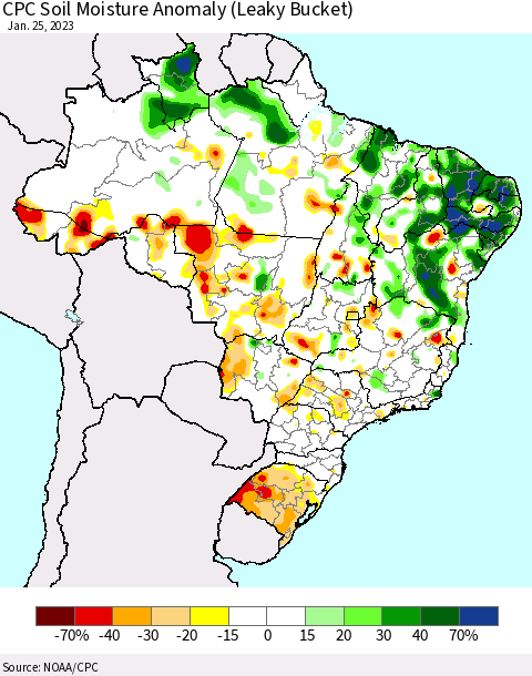 Brazil CPC Soil Moisture Anomaly (Leaky Bucket) Thematic Map For 1/21/2023 - 1/25/2023