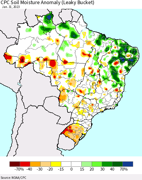 Brazil CPC Soil Moisture Anomaly (Leaky Bucket) Thematic Map For 1/26/2023 - 1/31/2023