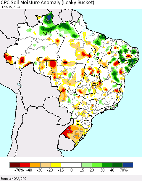 Brazil CPC Soil Moisture Anomaly (Leaky Bucket) Thematic Map For 2/11/2023 - 2/15/2023