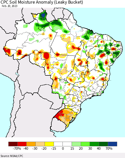 Brazil CPC Soil Moisture Anomaly (Leaky Bucket) Thematic Map For 2/16/2023 - 2/20/2023