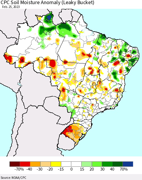 Brazil CPC Soil Moisture Anomaly (Leaky Bucket) Thematic Map For 2/21/2023 - 2/25/2023