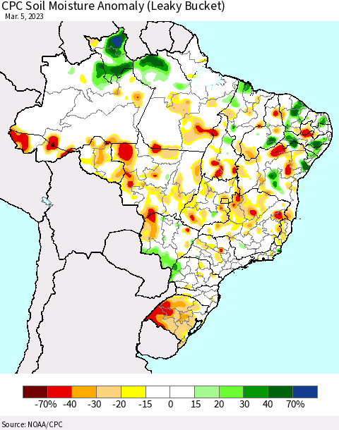 Brazil CPC Soil Moisture Anomaly (Leaky Bucket) Thematic Map For 3/1/2023 - 3/5/2023