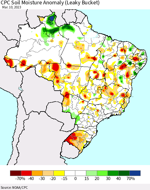 Brazil CPC Soil Moisture Anomaly (Leaky Bucket) Thematic Map For 3/6/2023 - 3/10/2023