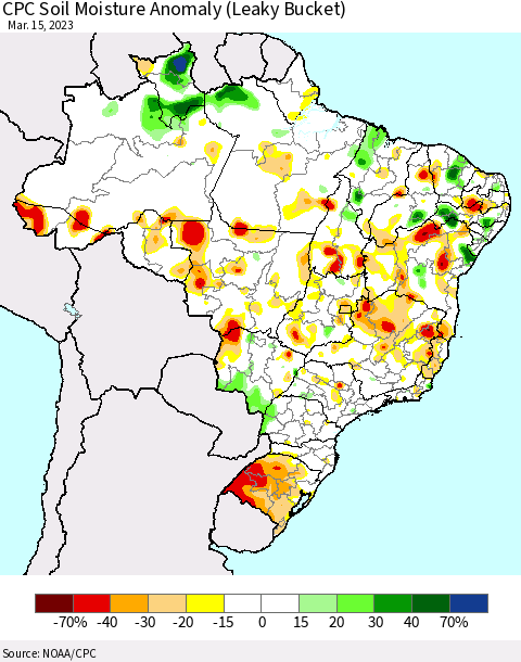 Brazil CPC Soil Moisture Anomaly (Leaky Bucket) Thematic Map For 3/11/2023 - 3/15/2023