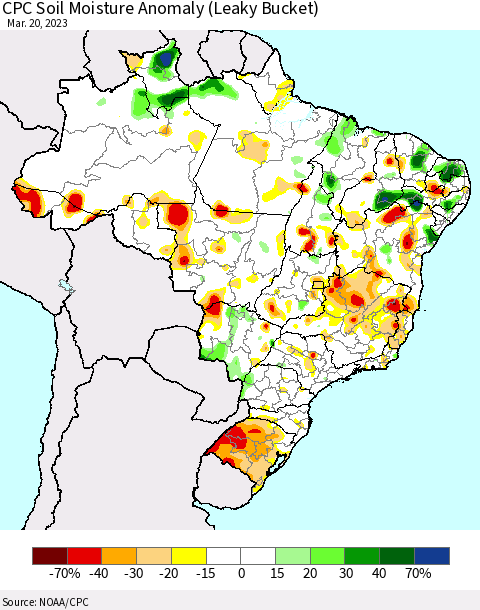 Brazil CPC Soil Moisture Anomaly (Leaky Bucket) Thematic Map For 3/16/2023 - 3/20/2023