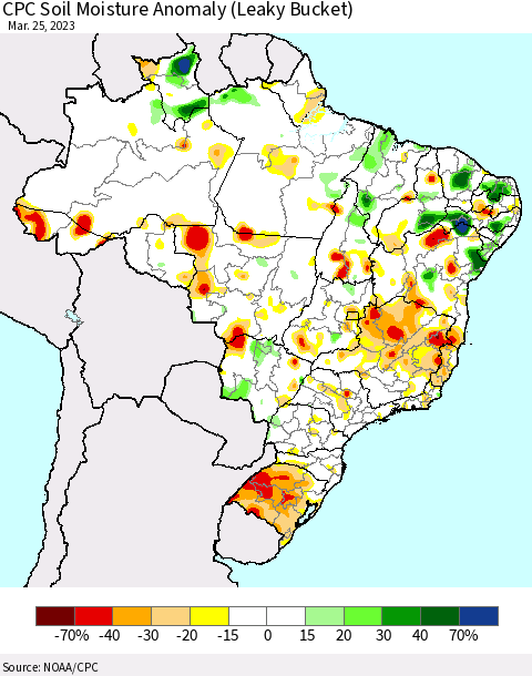 Brazil CPC Soil Moisture Anomaly (Leaky Bucket) Thematic Map For 3/21/2023 - 3/25/2023