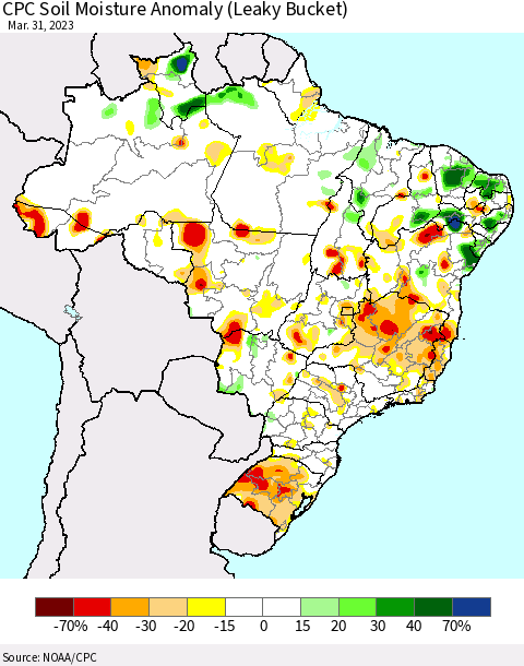 Brazil CPC Soil Moisture Anomaly (Leaky Bucket) Thematic Map For 3/26/2023 - 3/31/2023