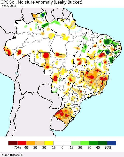 Brazil CPC Soil Moisture Anomaly (Leaky Bucket) Thematic Map For 4/1/2023 - 4/5/2023