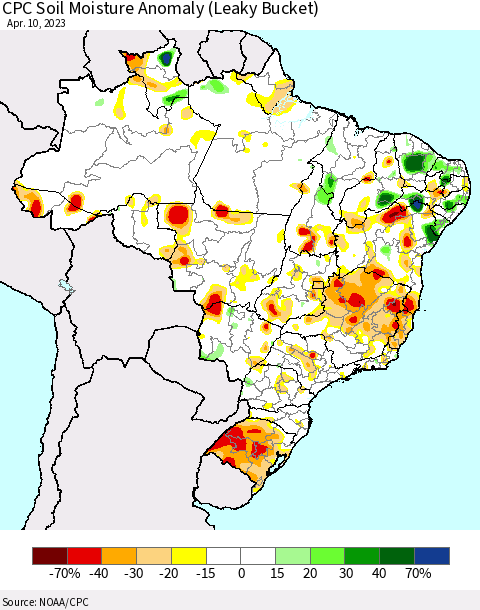 Brazil CPC Soil Moisture Anomaly (Leaky Bucket) Thematic Map For 4/6/2023 - 4/10/2023