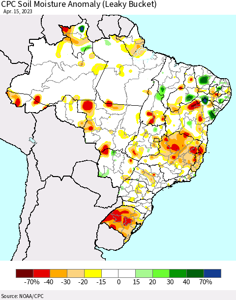 Brazil CPC Soil Moisture Anomaly (Leaky Bucket) Thematic Map For 4/11/2023 - 4/15/2023
