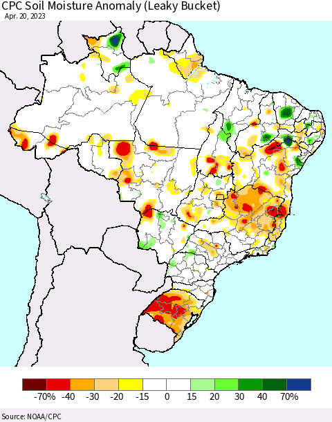 Brazil CPC Soil Moisture Anomaly (Leaky Bucket) Thematic Map For 4/16/2023 - 4/20/2023