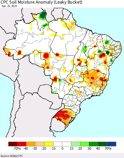 Brazil CPC Soil Moisture Anomaly (Leaky Bucket) Thematic Map For 4/21/2023 - 4/25/2023