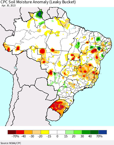 Brazil CPC Soil Moisture Anomaly (Leaky Bucket) Thematic Map For 4/26/2023 - 4/30/2023