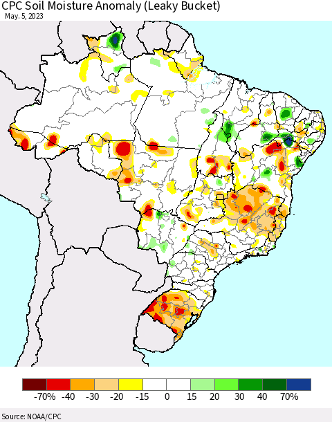 Brazil CPC Soil Moisture Anomaly (Leaky Bucket) Thematic Map For 5/1/2023 - 5/5/2023