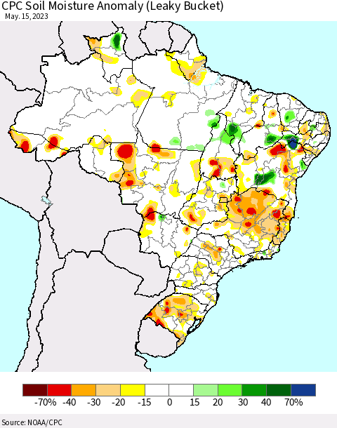Brazil CPC Soil Moisture Anomaly (Leaky Bucket) Thematic Map For 5/11/2023 - 5/15/2023
