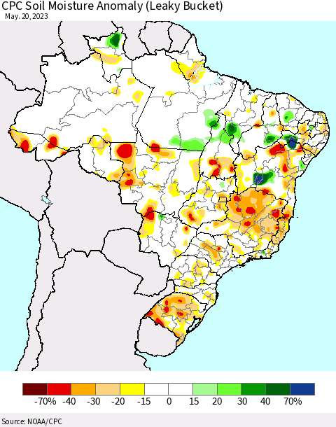 Brazil CPC Soil Moisture Anomaly (Leaky Bucket) Thematic Map For 5/16/2023 - 5/20/2023