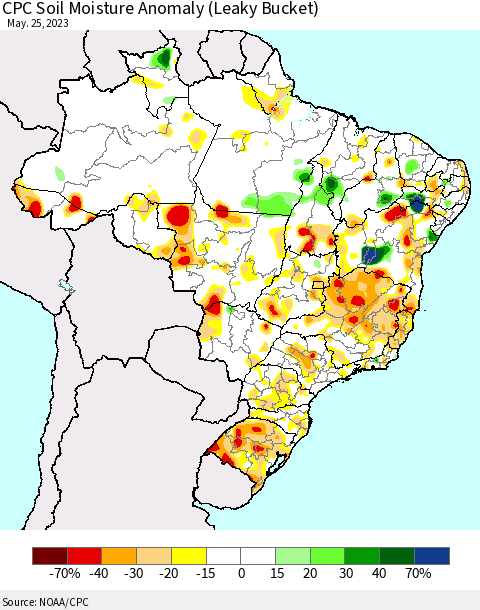 Brazil CPC Soil Moisture Anomaly (Leaky Bucket) Thematic Map For 5/21/2023 - 5/25/2023