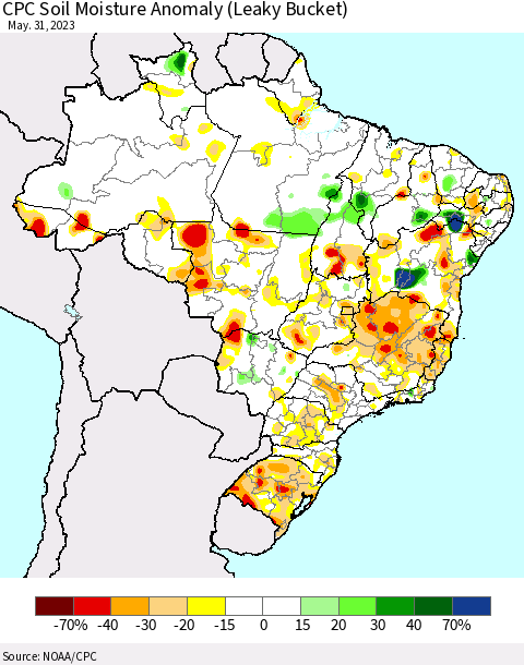 Brazil CPC Soil Moisture Anomaly (Leaky Bucket) Thematic Map For 5/26/2023 - 5/31/2023