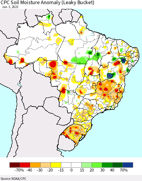 Brazil CPC Soil Moisture Anomaly (Leaky Bucket) Thematic Map For 6/1/2023 - 6/5/2023