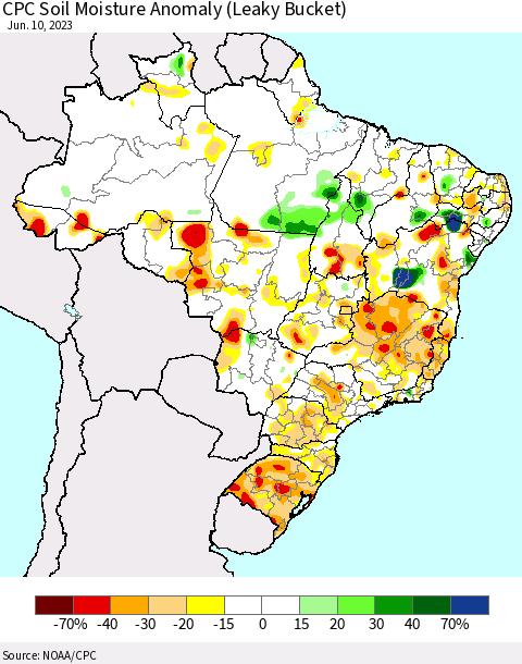 Brazil CPC Soil Moisture Anomaly (Leaky Bucket) Thematic Map For 6/6/2023 - 6/10/2023