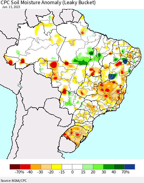 Brazil CPC Soil Moisture Anomaly (Leaky Bucket) Thematic Map For 6/11/2023 - 6/15/2023